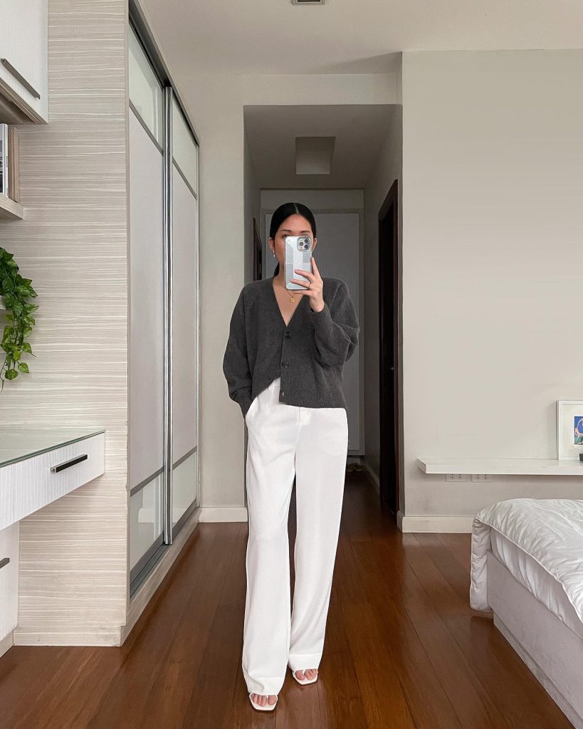 Charcoal Cardigan + White Tank + High-Waisted Trousers