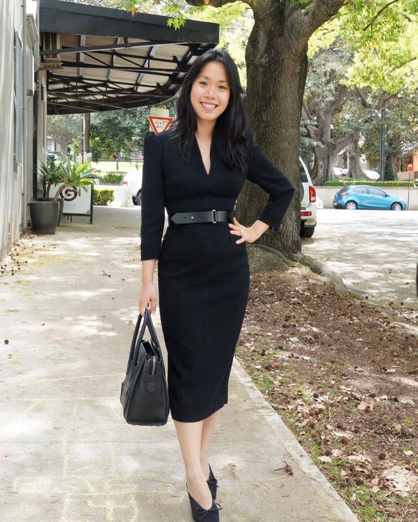 Black V-neck Sheath Dress + Black Leather Belt + Black Satchel