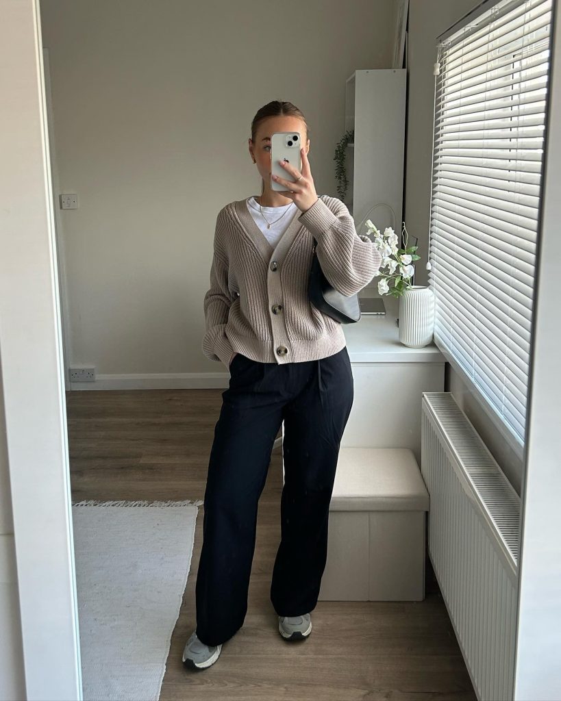 Beige Cardigan + White T-Shirt + Black Slacks