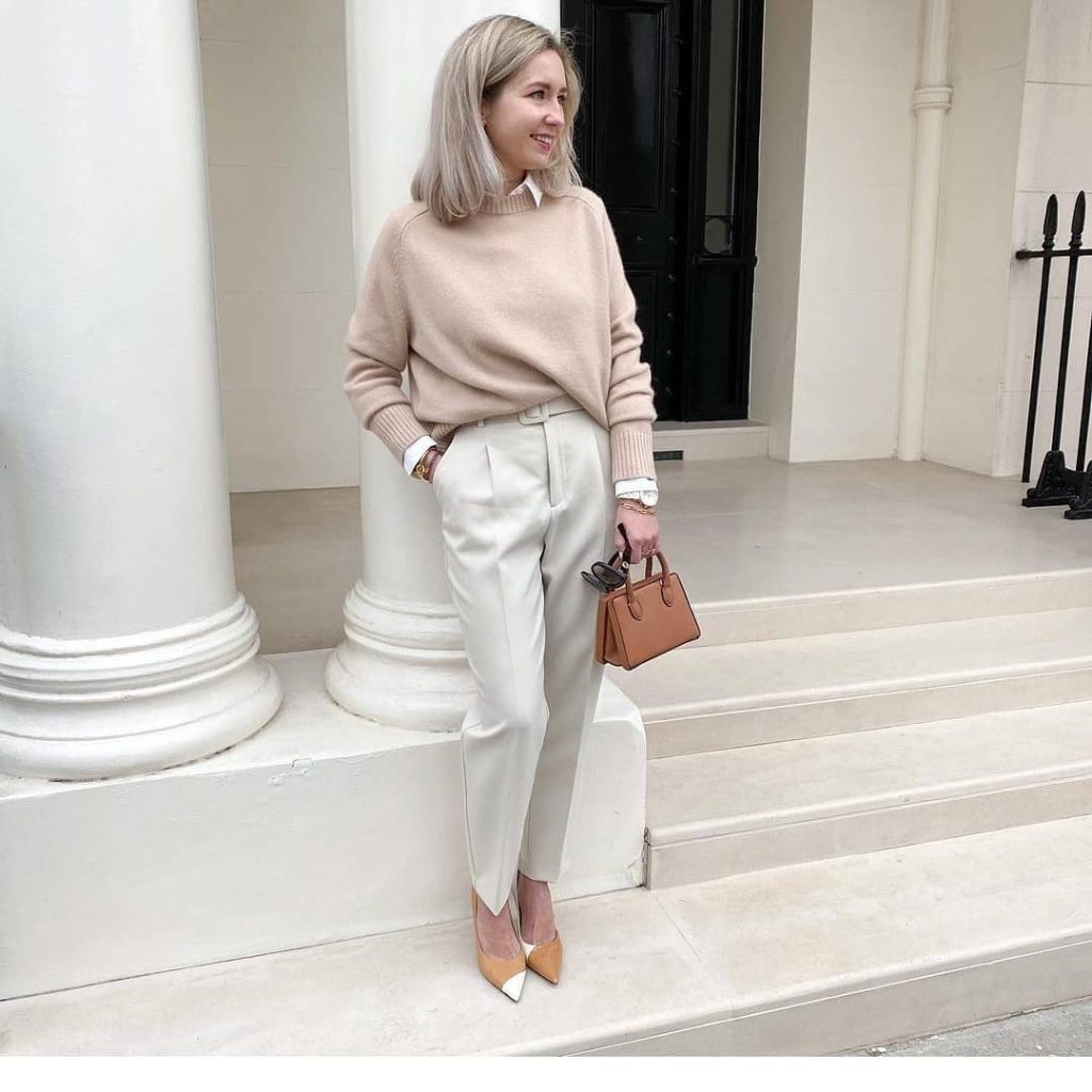 Beige Crewneck Sweater + Cream Pleated Trousers