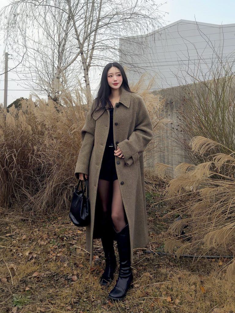 Taupe Wool Maxi Coat + Black Mini Dress + Black Knee-High Boots