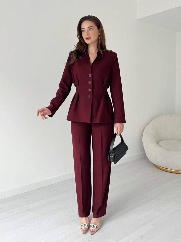 Burgundy Peplum Blazer + Matching Tailored Pants