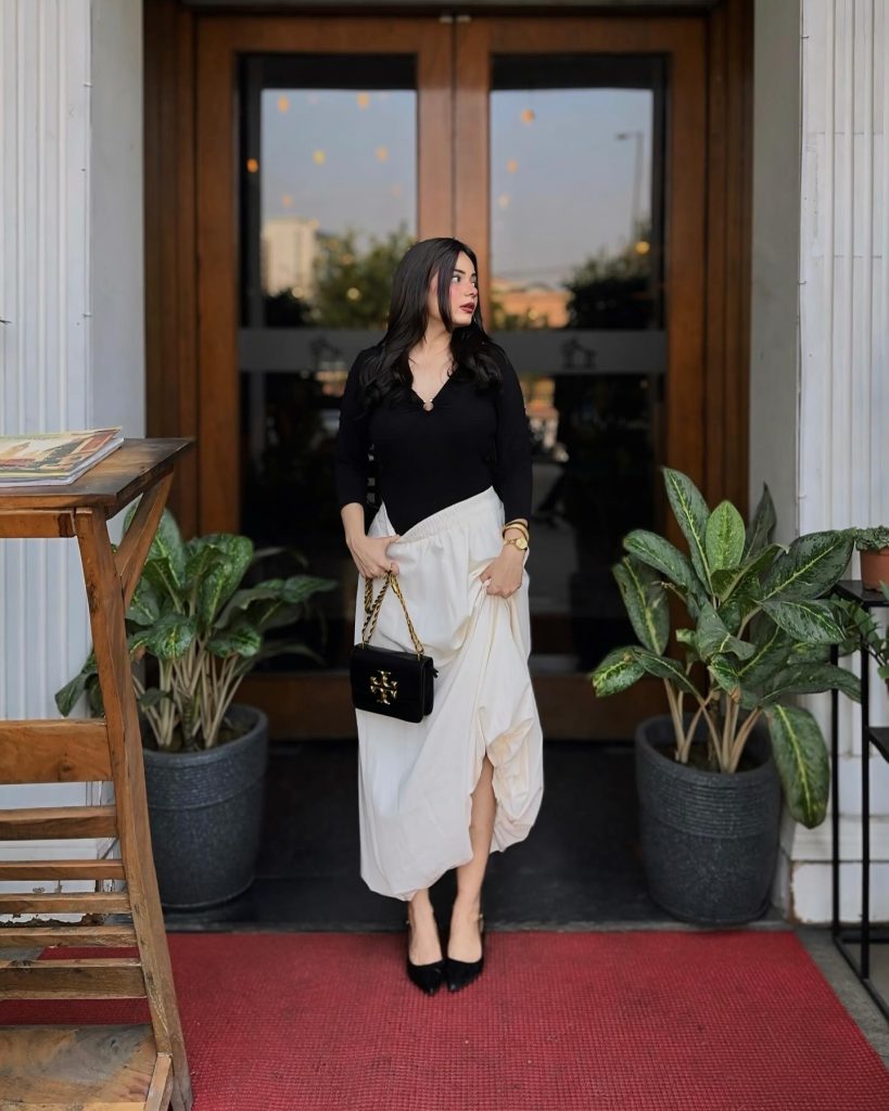 Black V-Neck Top + White Flowing Maxi Skirt