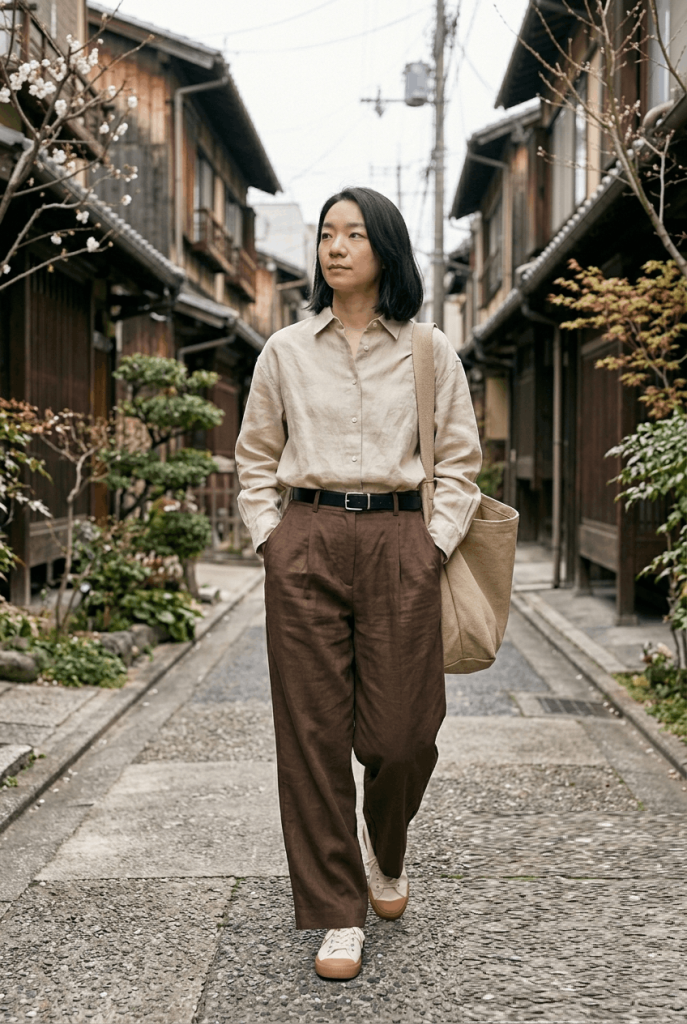 Beige Oversized Shirt + Brown Pleated Wide Leg Pants