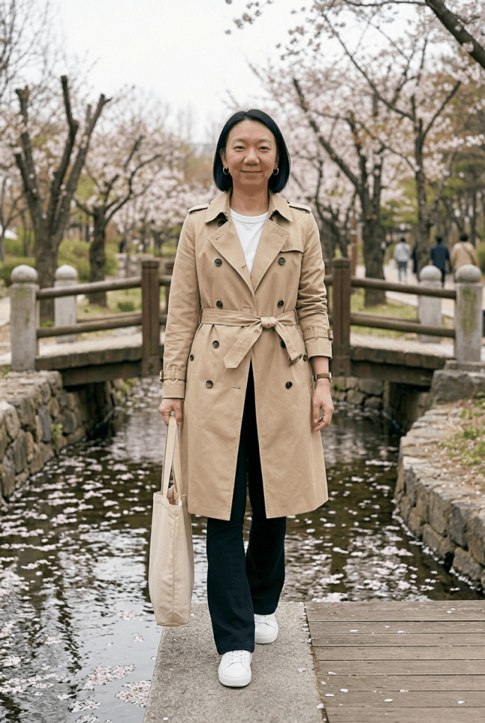 Beige Trench Coat + Black Leggings + White Tee