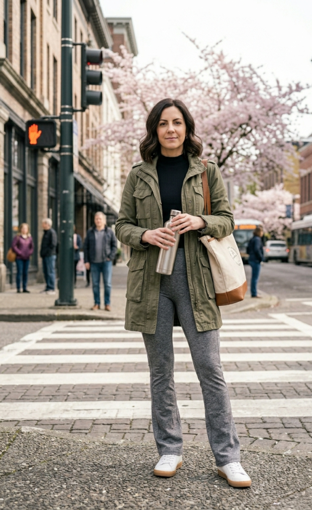 Black Cotton Mock Neck + Heather Grey Flare Leggings