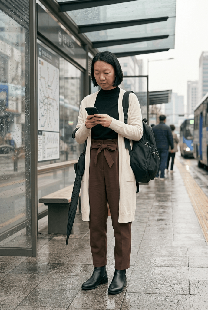 Black Mock Neck + Brown Paperbag Waist Pants