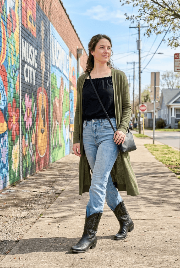 Black Off Shoulder Top + Light Wash Jeans + Boots