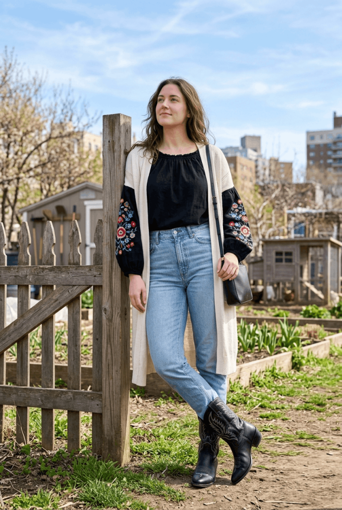 Black Peasant Top + Light Wash Jeans + Boots