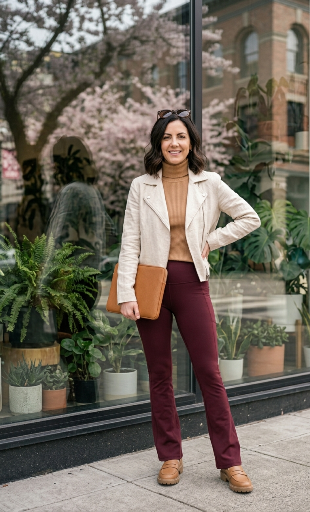  Camel Cotton Turtleneck + Burgundy Flare Leggings