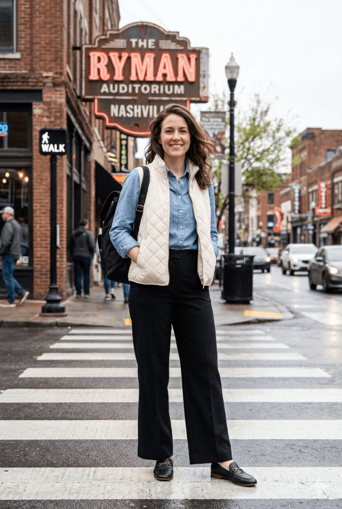 Chambray Button Down + Black Wide Leg Pants + Vest