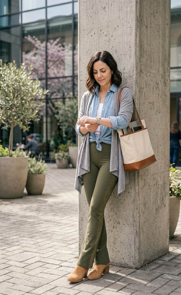 Chambray Button Down + Olive Flare Leggings