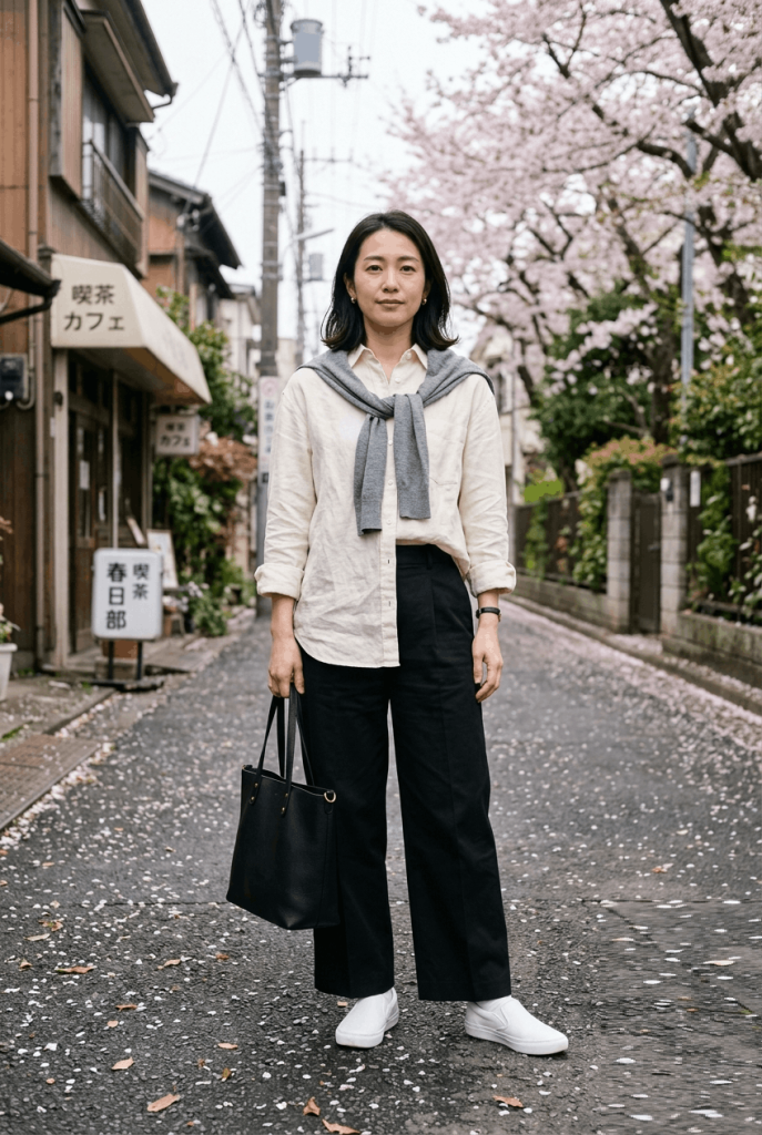 Cream Linen Button Down + Black Wide Leg Pants