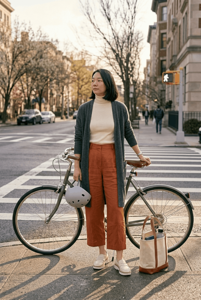 Cream Ribbed Turtleneck + Rust Wide Leg Cropped Pants