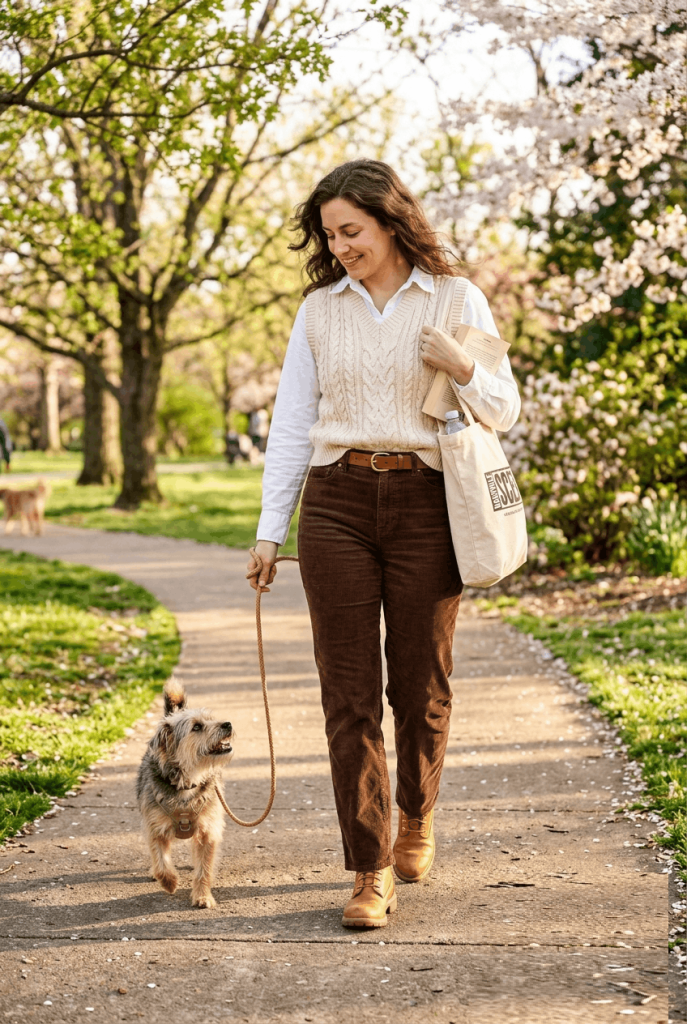 Cream Sweater Vest + White Button Down + Brown Pants