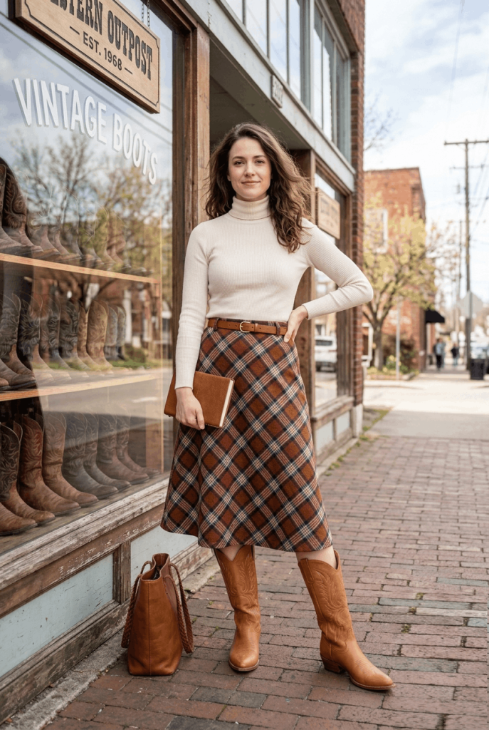 Cream Turtleneck + Plaid Midi Skirt + Brown Boots
