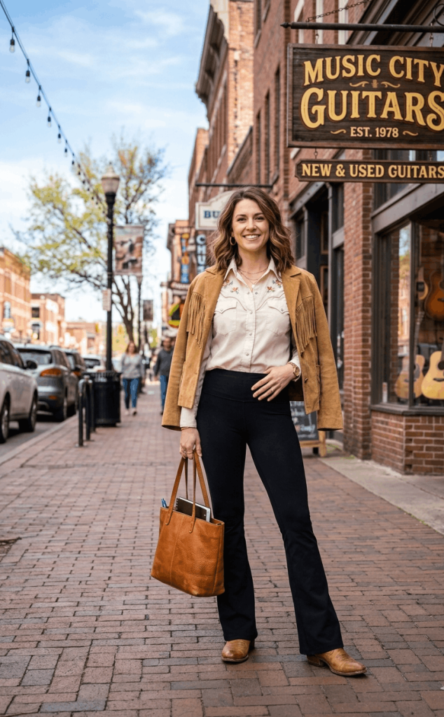 Cream Western Blouse + Black Flare Leggings + Tan Boots