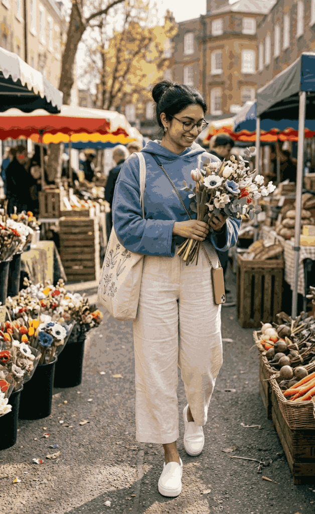 Dusty Blue Hoodie + Cream Wide Leg Cropped Pants