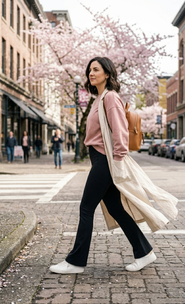 Dusty Pink Sweatshirt + Black Flare Leggings