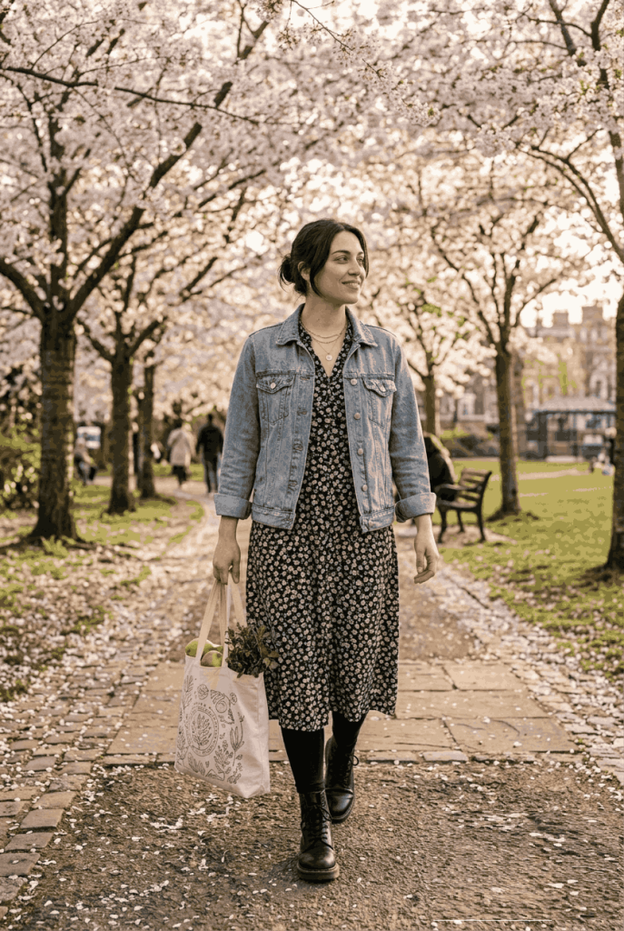 Floral Midi Dress + Black Leggings + Denim Jacket