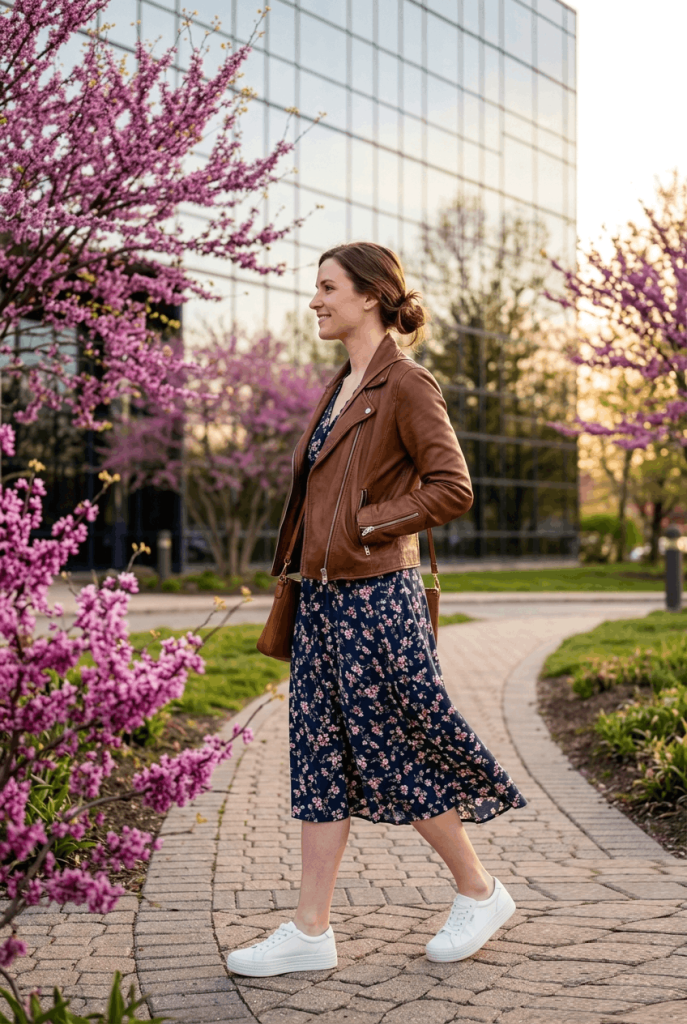Floral Midi Dress + Brown Leather Jacket + White Sneakers