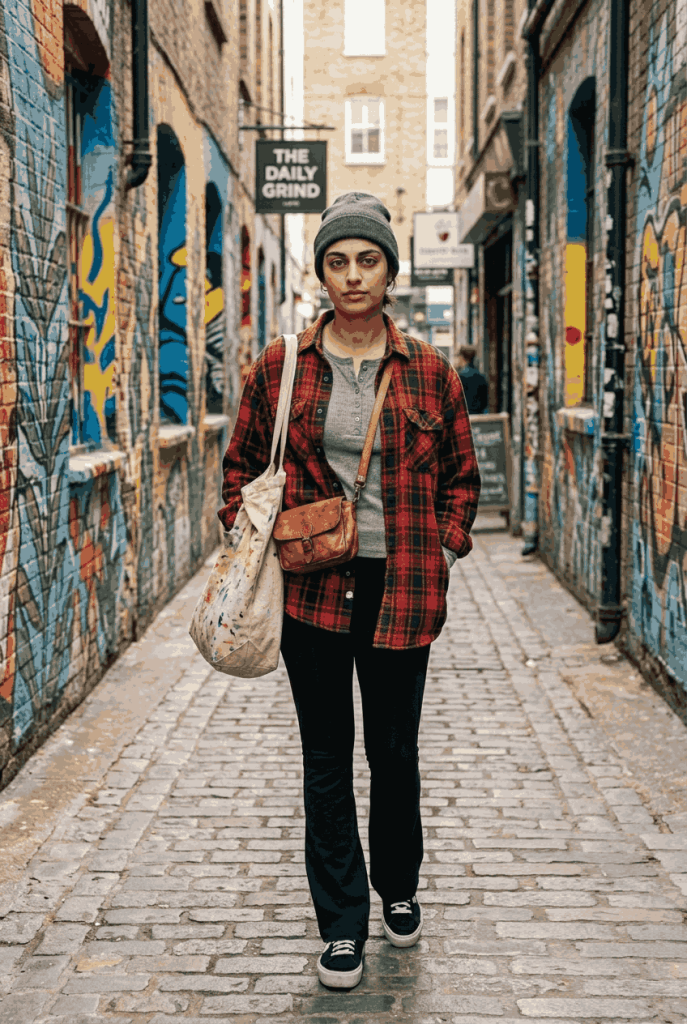 Vintage Flannel + Black Leggings + Beanie