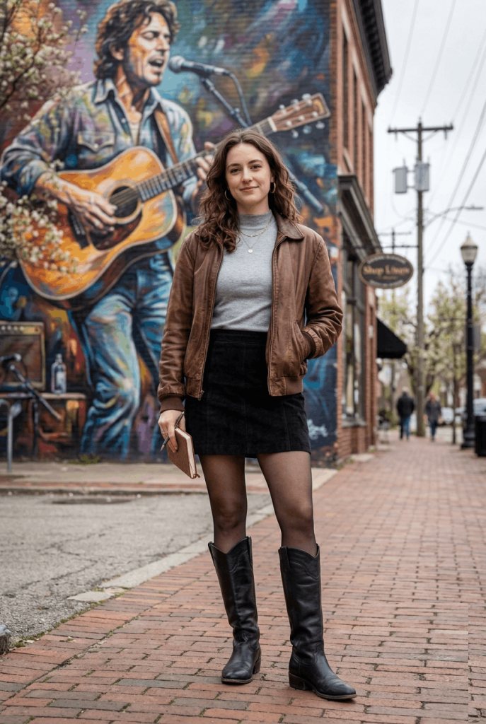 Grey Mock Neck + Black Skirt + Tights + Boots