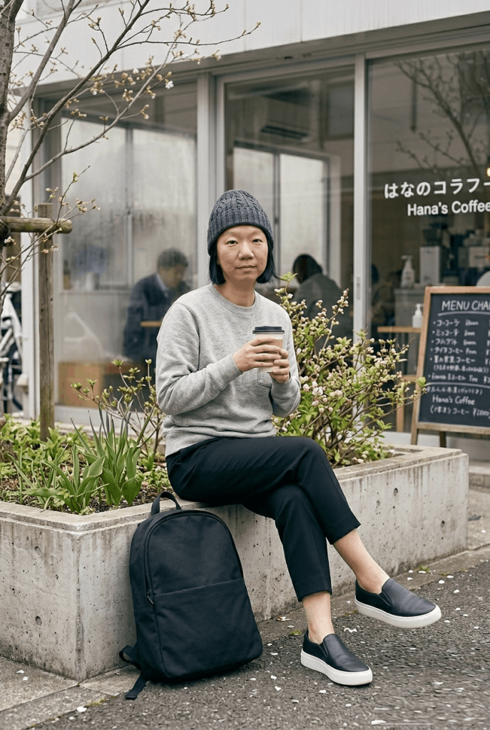 Grey Pocket Sweatshirt + Black Tapered Pants + Beanie