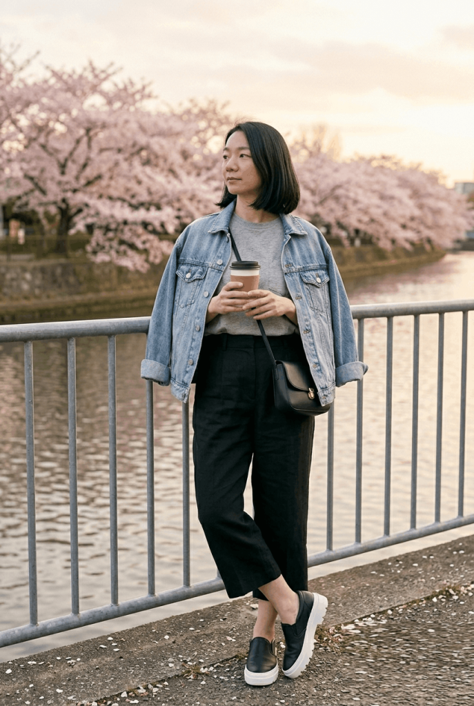 Grey Pocket Tee + Black Culottes + Denim Jacket