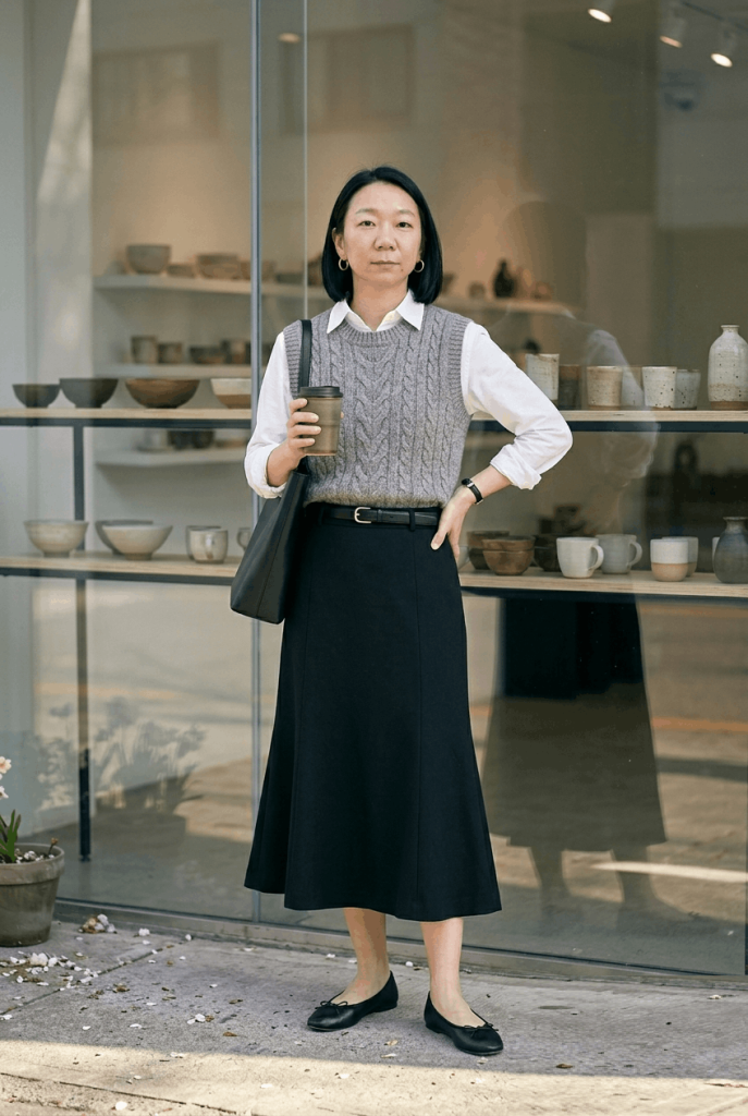 Grey Sweater Vest + White Button Down + Black Skirt