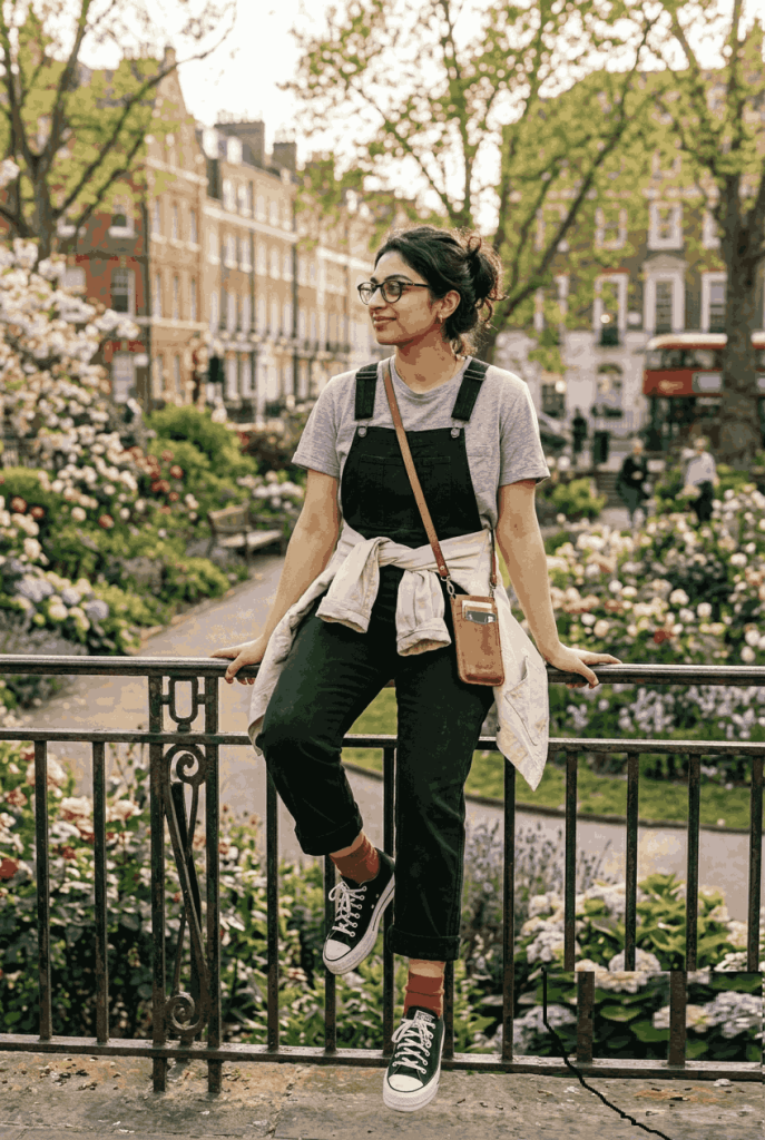 Heather Grey Pocket Tee + Black Overalls + Red Socks