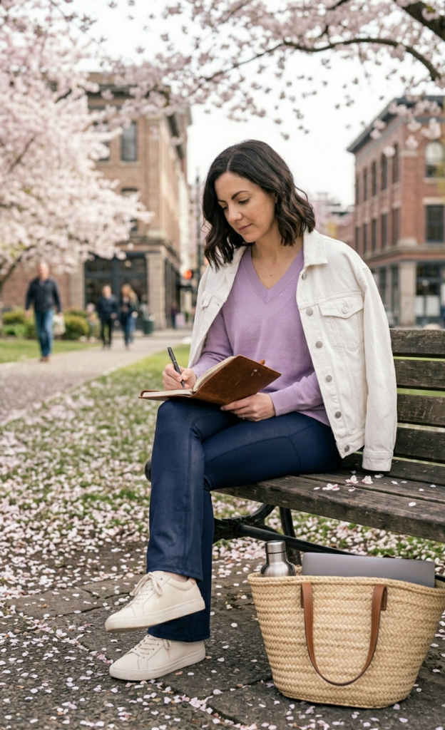 Lavender Fine Knit Sweater + Navy Flare Leggings