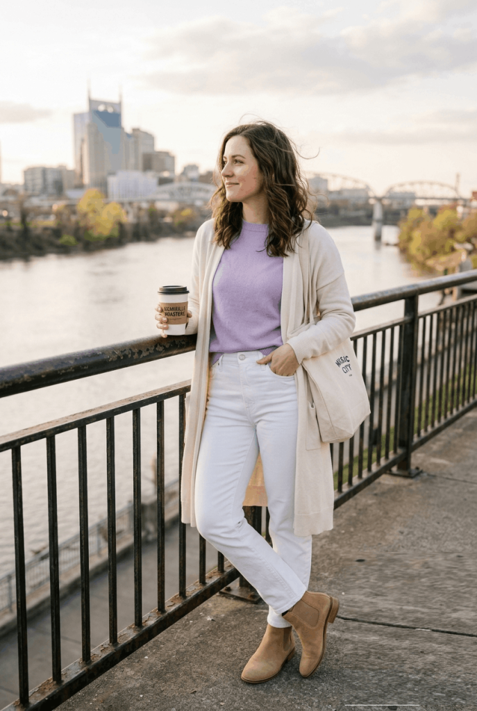  Lavender Sweater + White Jeans + Tan Boots