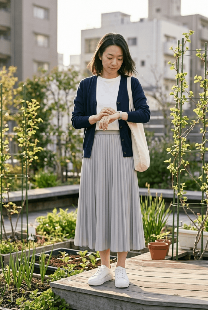 Navy Cotton Cardigan + White Crewneck + Grey Pleated Skirt
