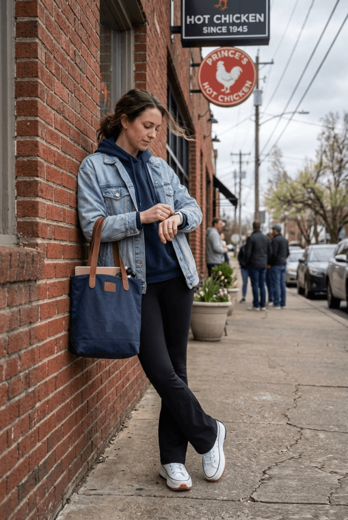Navy Hoodie + Black Leggings + Denim Jacket