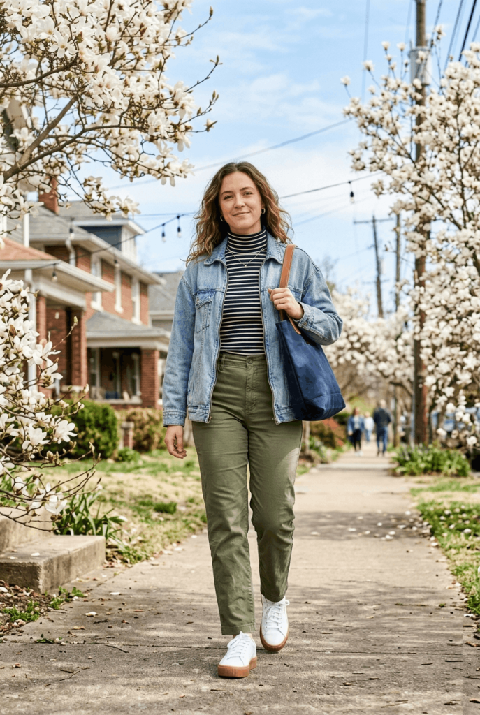 Navy Striped Turtleneck + Olive Pants + Denim Jacket