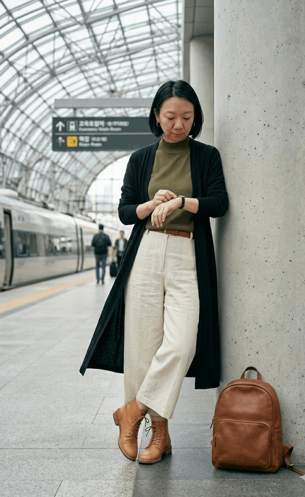 Olive Green Mock Neck + Cream Wide Leg Cropped Pants