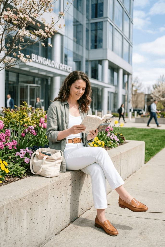 Sage Green Button Down + White Jeans + Tan Belt