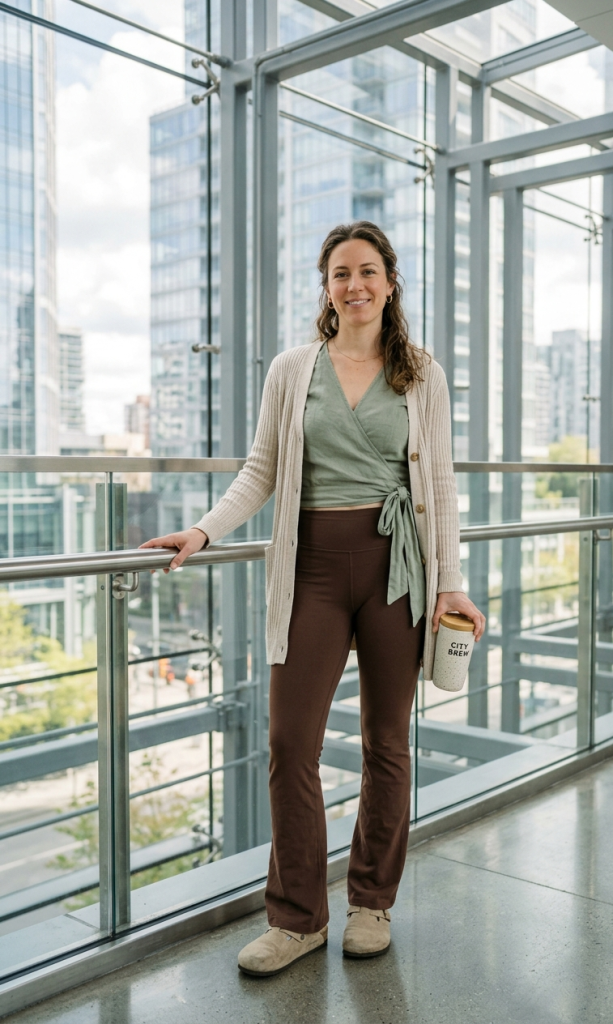 Sage Green Wrap Top + Brown Flare Leggings