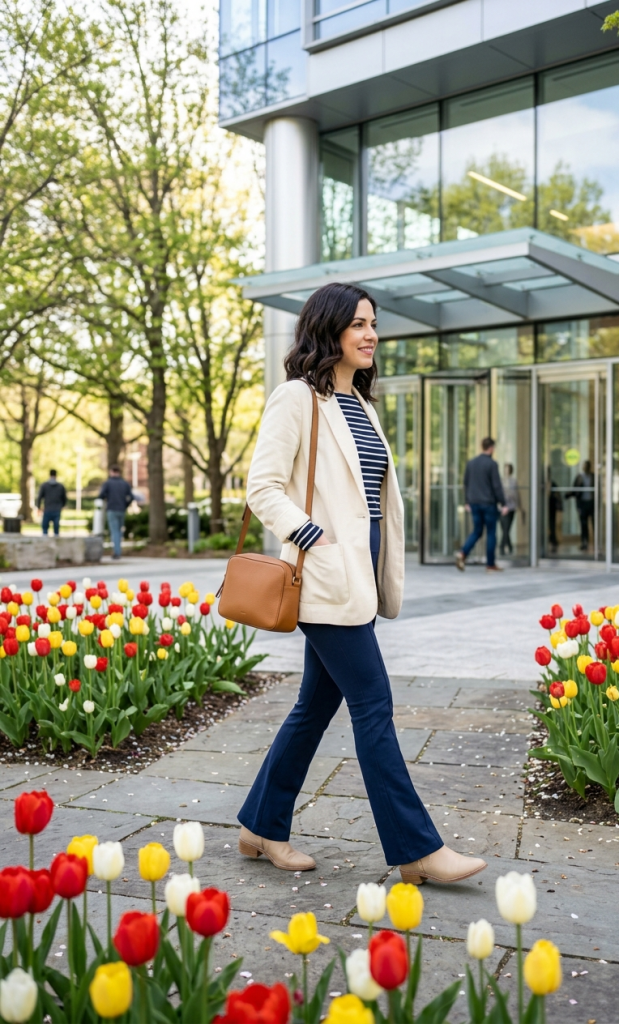 Striped Boatneck Top + Navy Flare Leggings