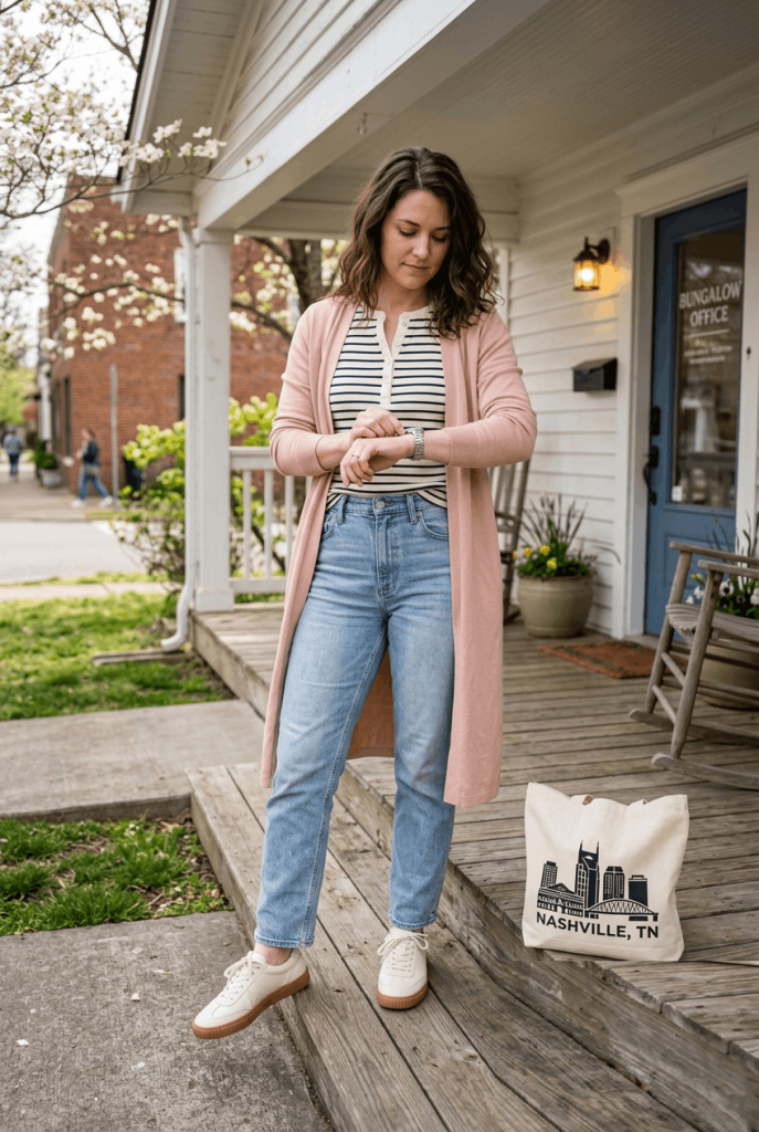 Striped Henley + Light Wash Jeans + Blush Cardigan
