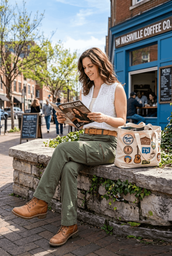 White Eyelet Top + Olive Cargo Pants + Tan Belt