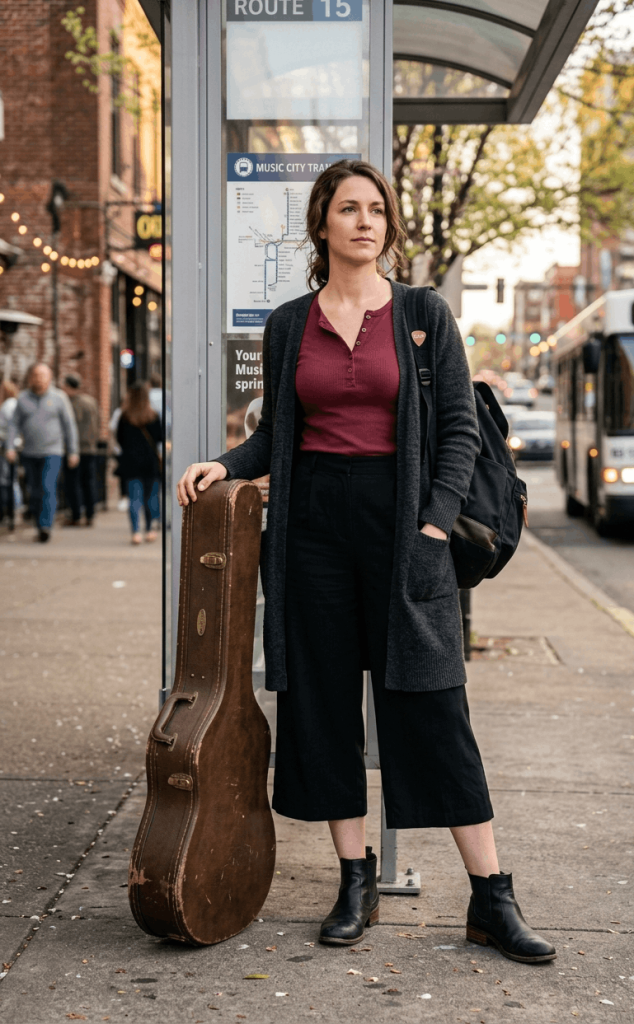 Wine Red Henley + Black Culottes + Ankle Boots