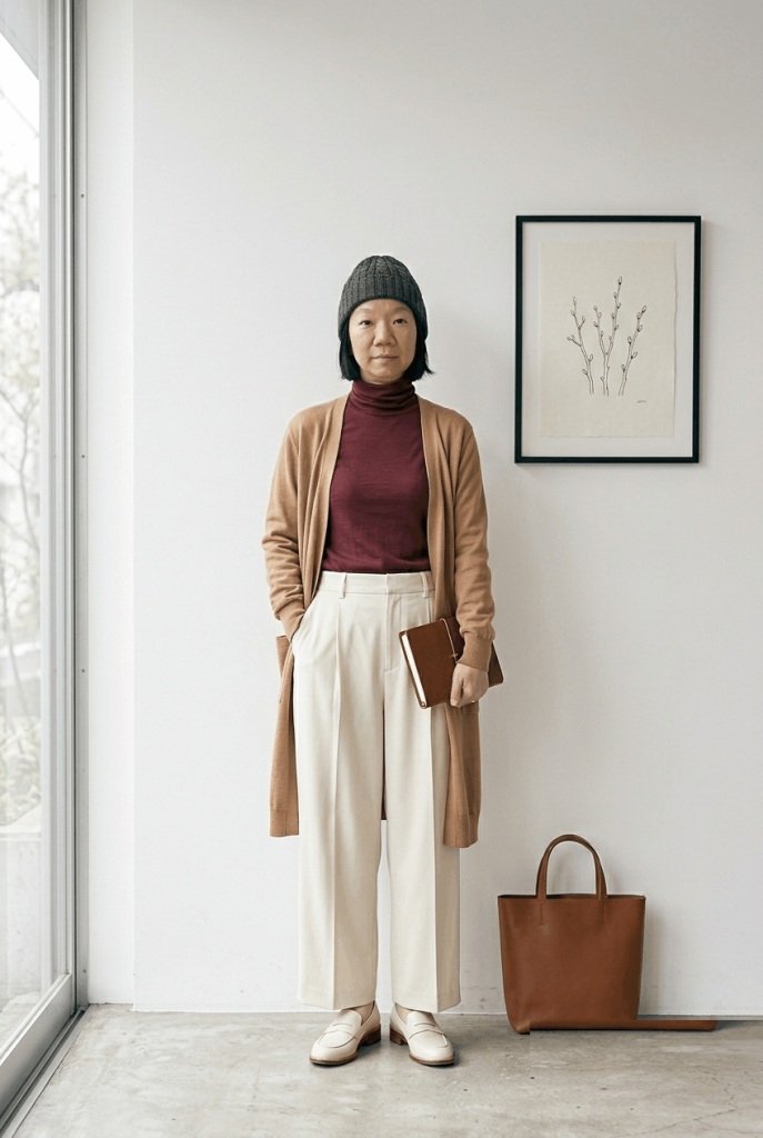 Wine Red Turtleneck + Cream Pleated Wide Leg Pants