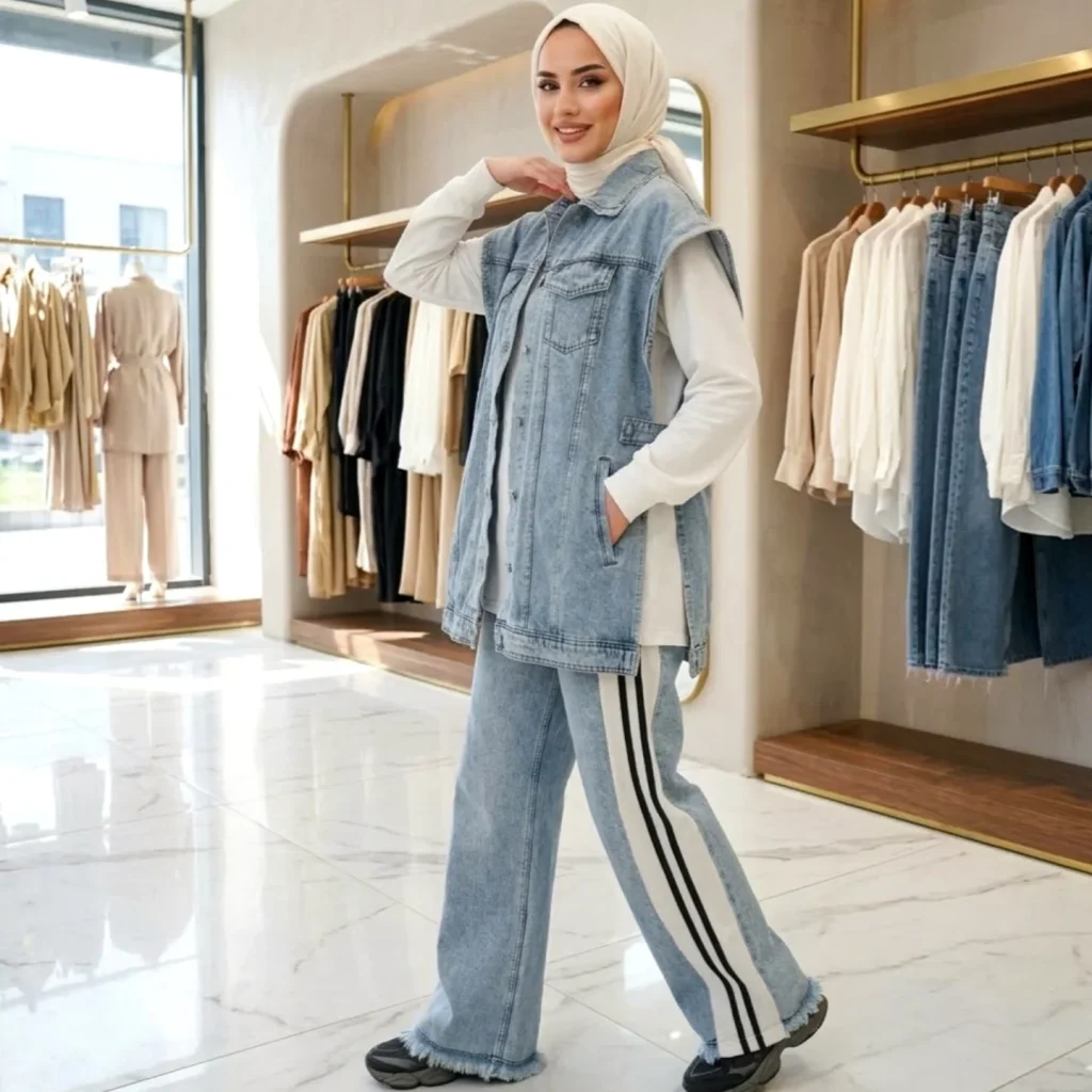 Denim Long Vest + Side-Stripe Wide Leg Jeans + Platform Sneakers