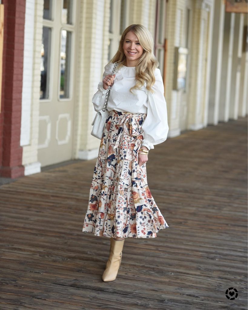 White Ruffle Blouse + Tiered Floral Skirt + Beige Pointed Boots