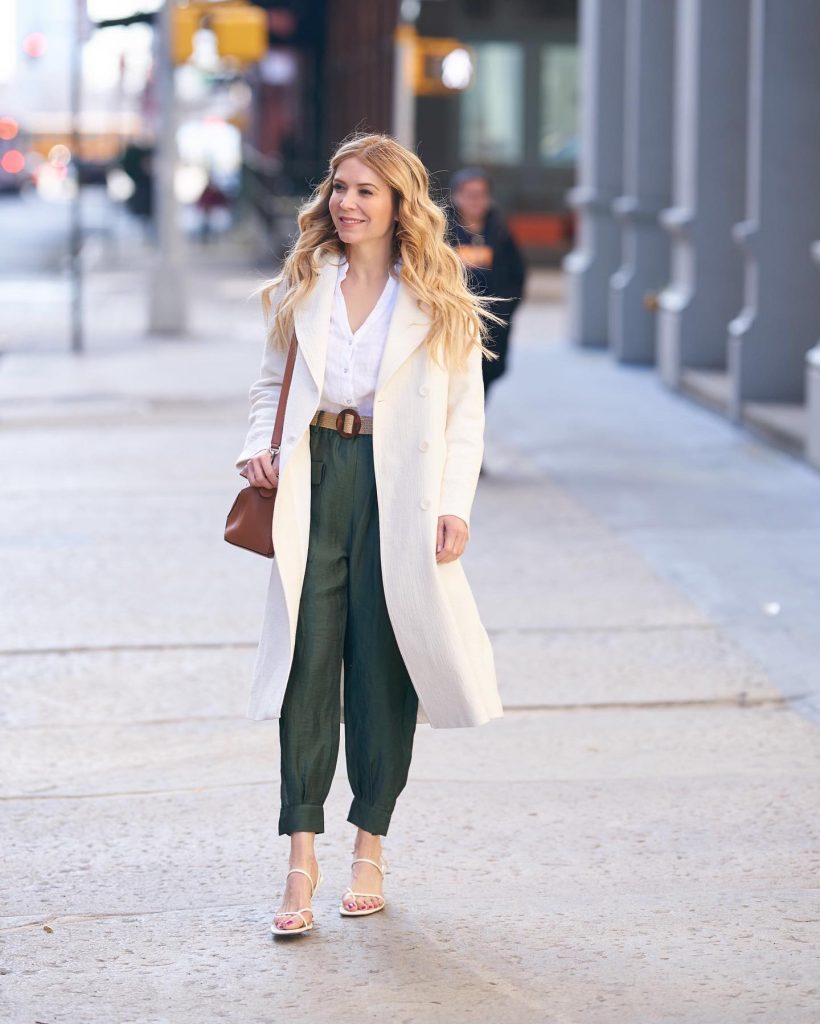 Cream Overcoat + White Button-down + Forest Green Trousers