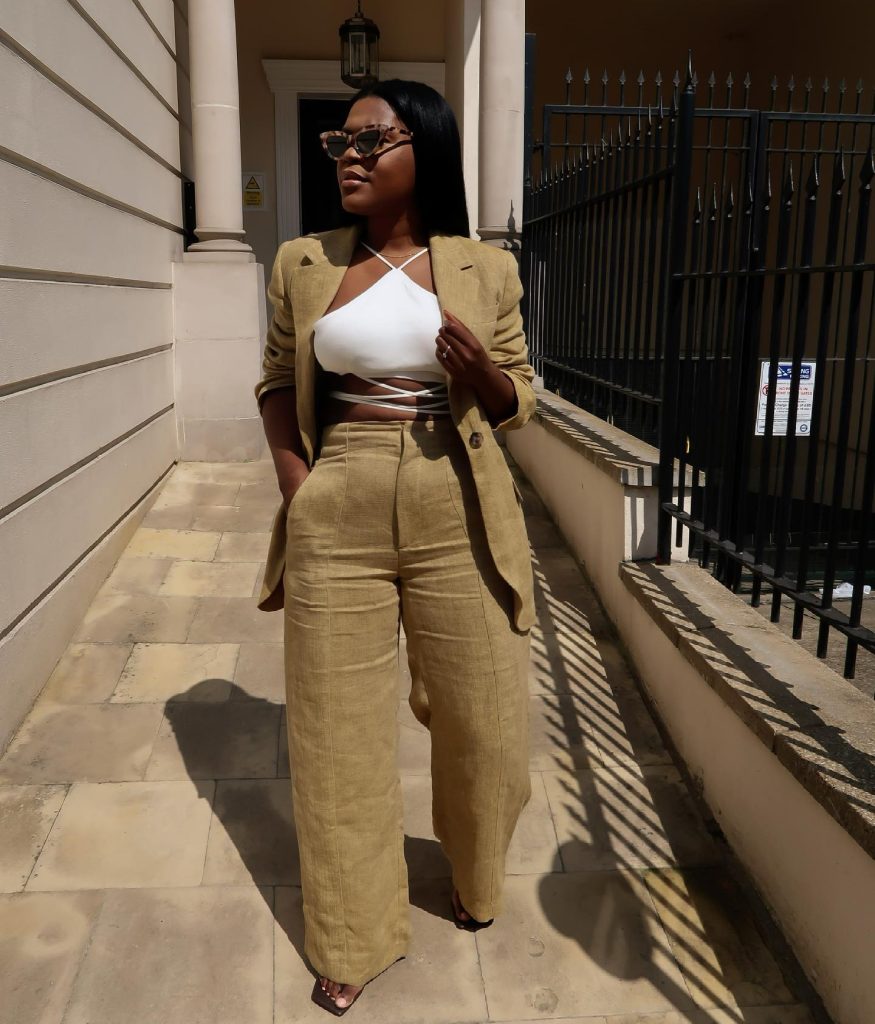 Olive Linen Suit + White Wrap Crop Top + Tortoise Shell Sunglasses