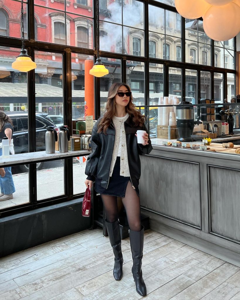 Black Leather Bomber + Beige Cardigan + Black Mini Skirt