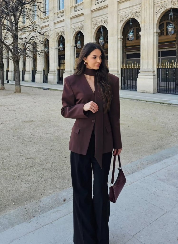 Chocolate Blazer + Choker Top + Wide-Leg Trousers